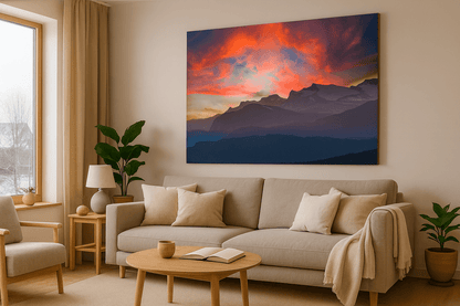 Fjellandskap i solnedgang – kunst på veggen