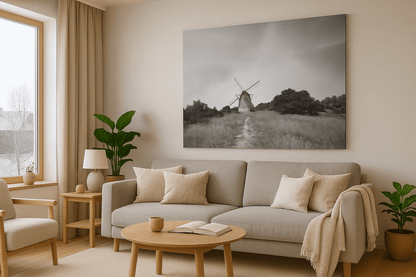 Tidløs eleganse – Sort-hvitt fotokunst av en klassisk vindmølle