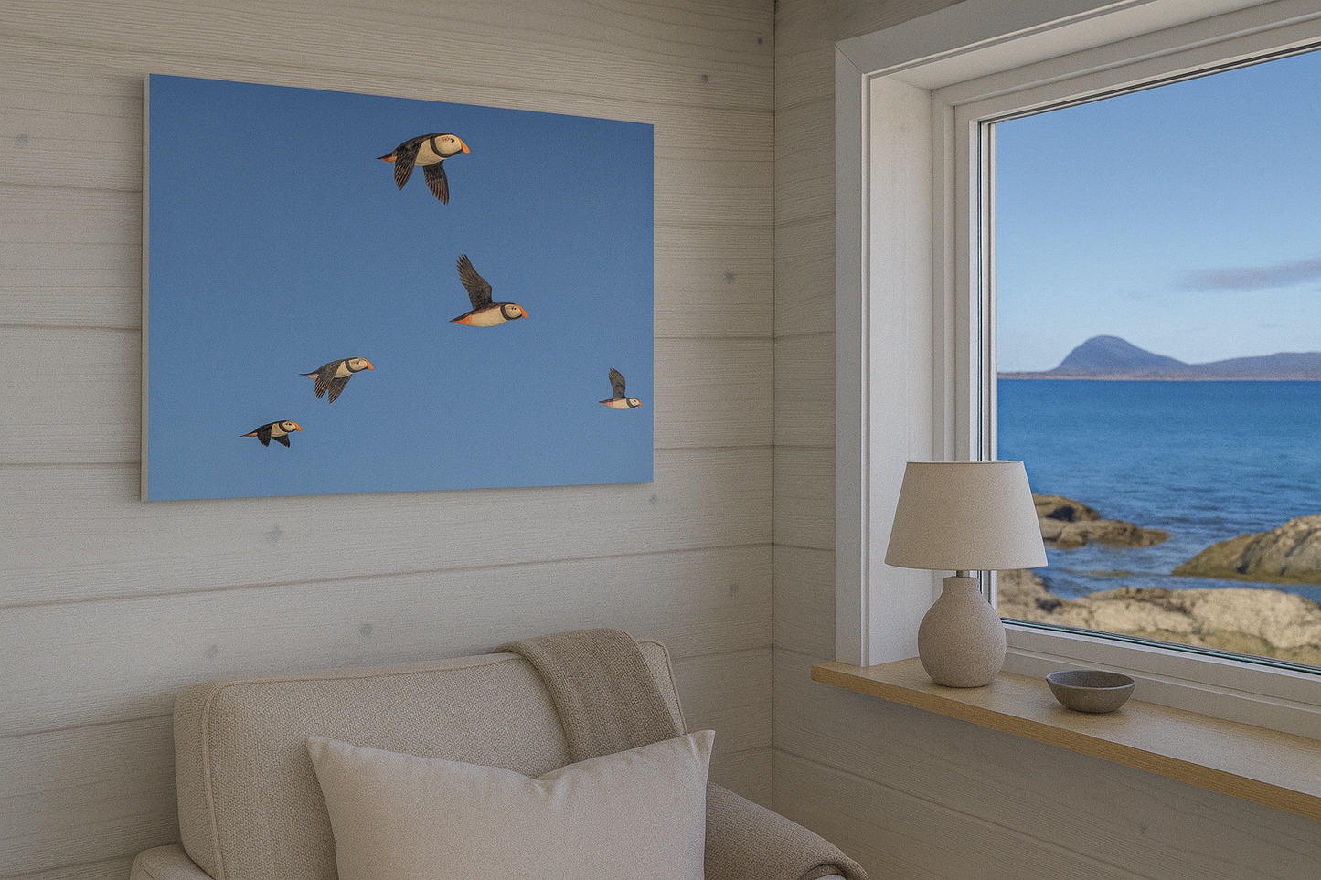 Puffins luftig nordisk interiør – Fotografisk kunst med naturens rytme