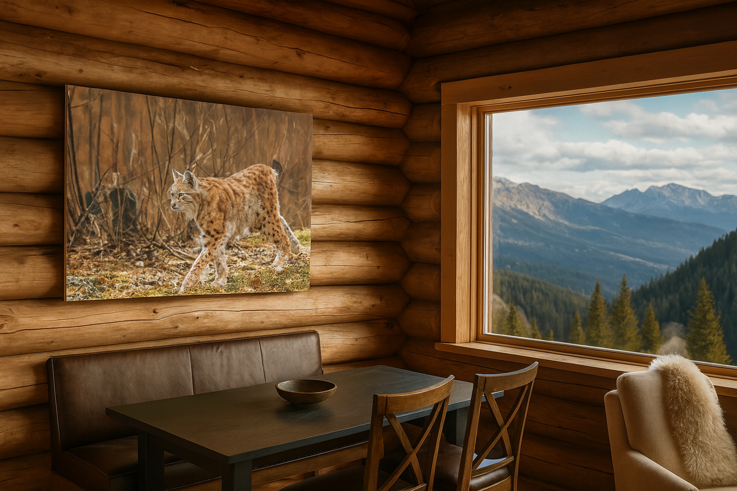 Interiør med naturmotiv – gaupefotografi og grønne planter