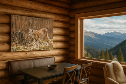 Interiør med naturmotiv – gaupefotografi og grønne planter