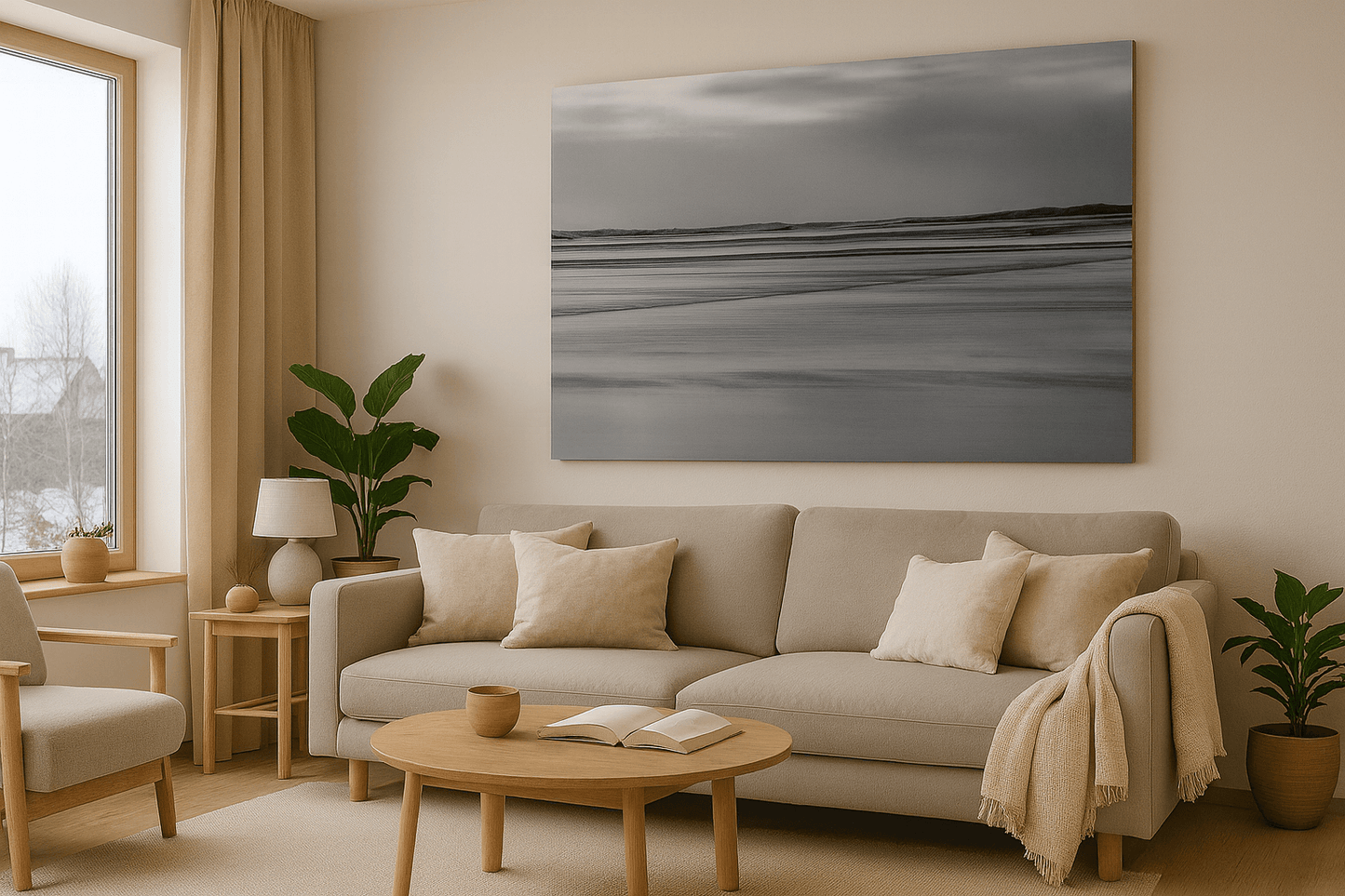 Minimalistisk interiør med grå kommode og kunstfoto