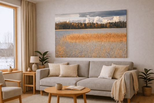 Siv ved Nydalasjön veggbilde med gyldne strå og stille vann i en koselig stue.