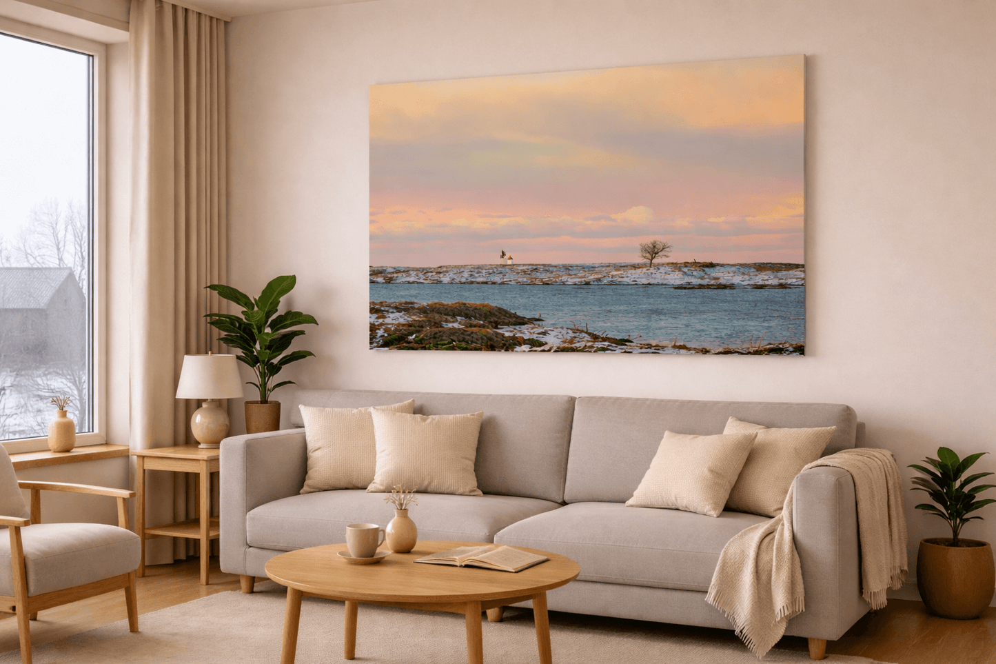 Stille kystlandskap i vinterlys – nordisk ro ved havet, med vakkert interiør og landskapsmaleri.