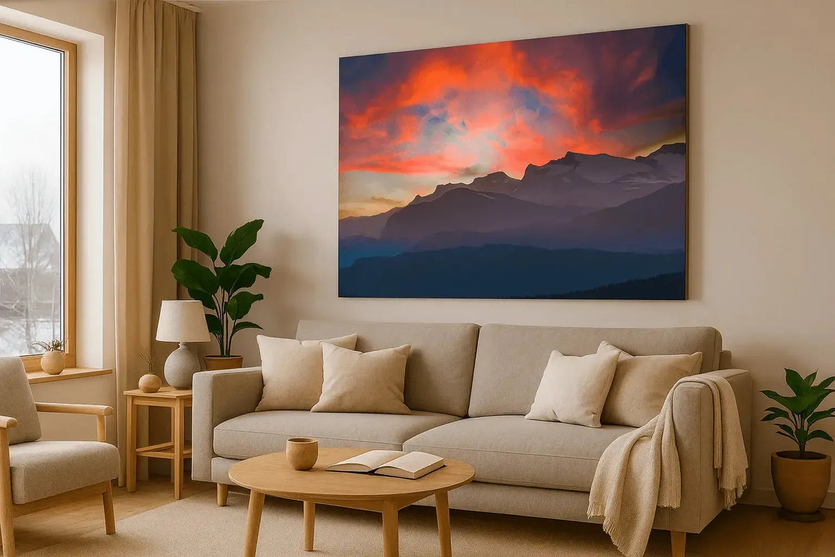 Fjellandskap i solnedgang – kunst på veggen