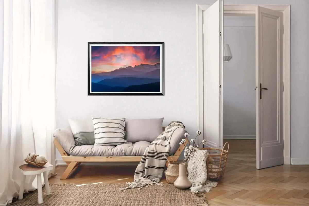 Fjellandskap i solnedgang – kunst på veggen