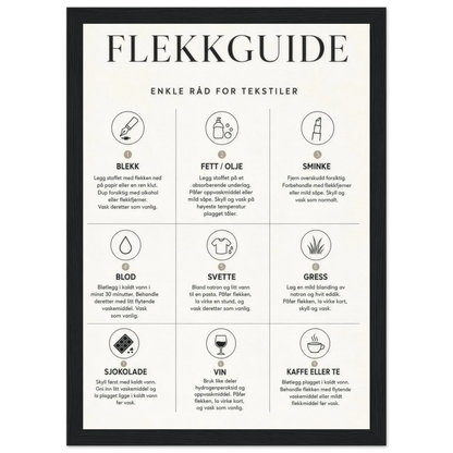 Flekkguide plakat med enkle råd for behandling av flekker på tekstiler i vaskerommet.