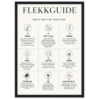 Flekkguide med enkle råd for tekstiler og behandling av vanlige flekker.