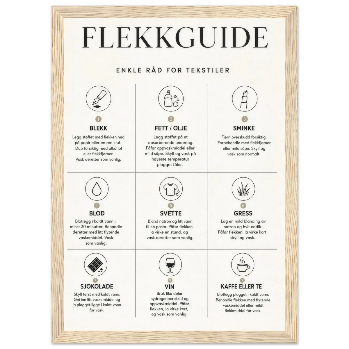 Flekkguide med enkle råd for tekstiler til vaskerommet, gir tips om flekkbehandling.