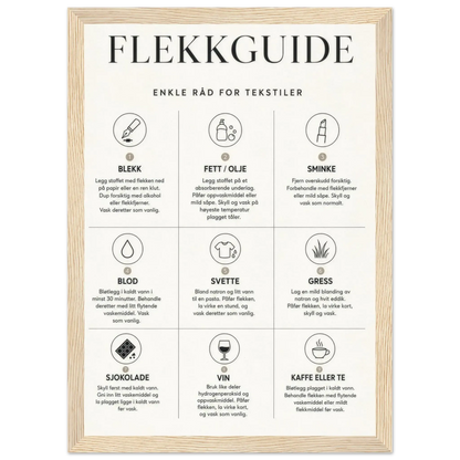 Flekkguide med enkle råd for tekstiler til vaskerommet, gir tips om flekkbehandling.