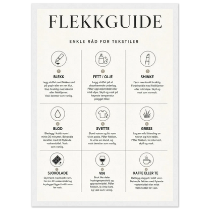 Flekkguide plakat med enkle råd for behandling av flekker på tekstiler til vaskerommet.