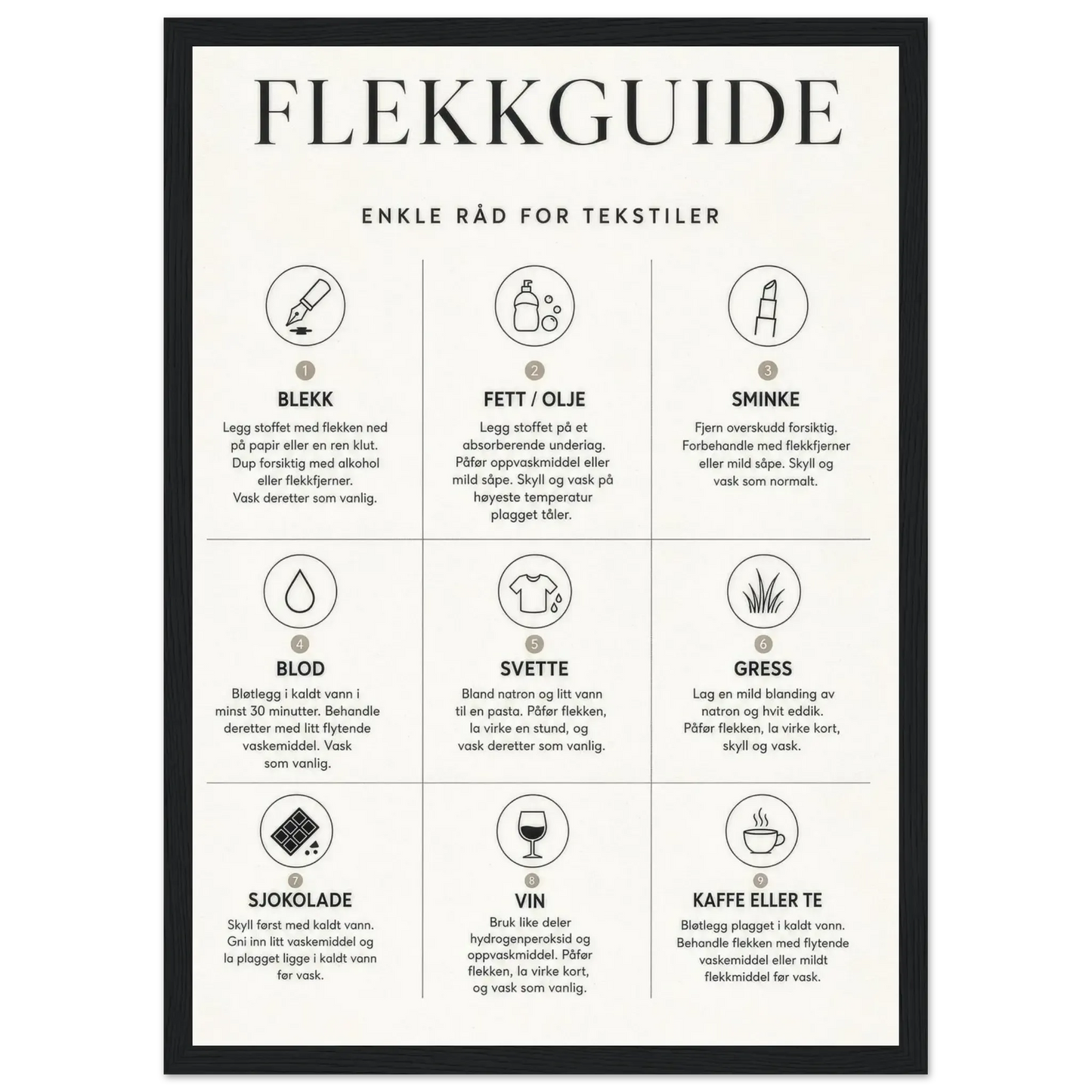Flekkguide med enkle råd for tekstiler og behandling av vanlige flekker.