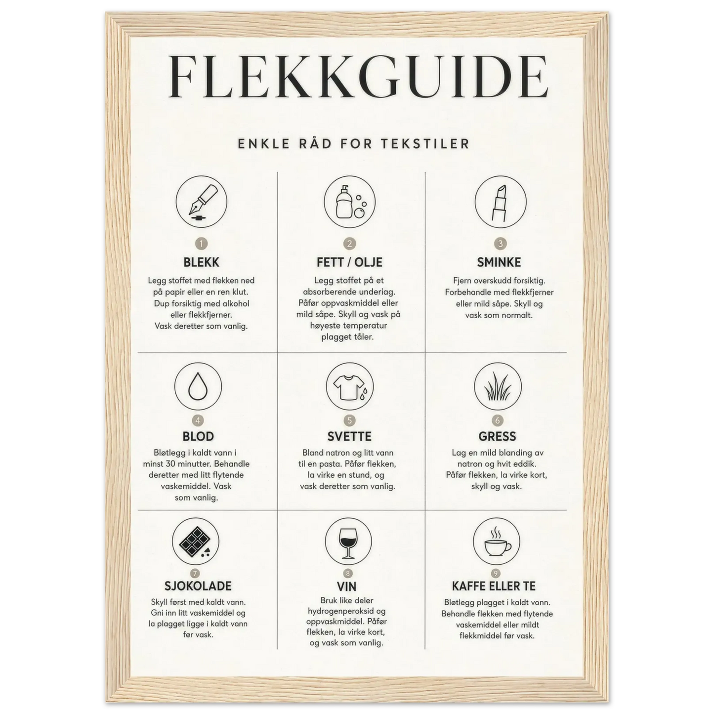 Flekkguide med enkle råd for tekstiler til vaskerommet, gir tips om flekkbehandling.