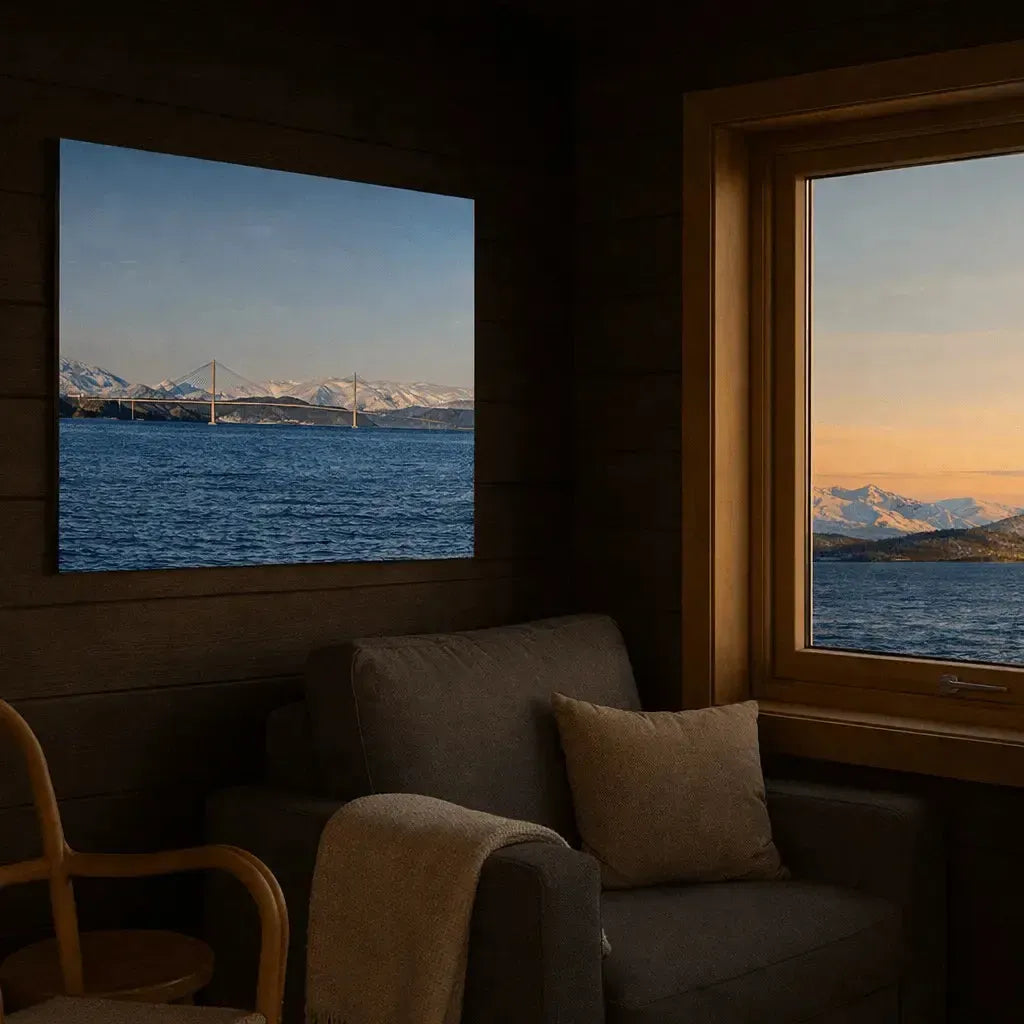 Helgelandsbrua veggbilde med fjord, fjell og nordisk ro i koselig stue