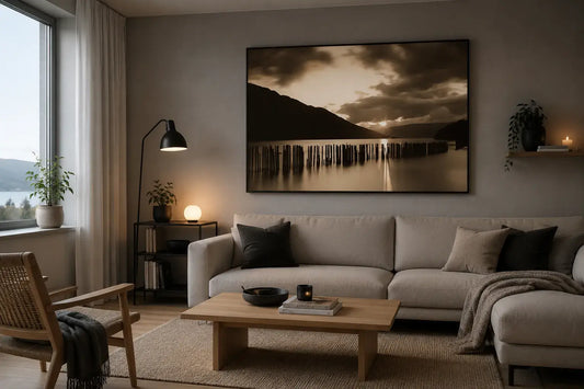 Kveldslys over Mosjøen – kunstfotografi med varme toner i stueinnredning.