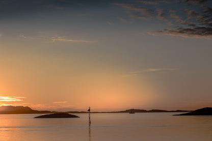 Kveldslys av stille hav og lavholmer i gyllent lys fra Tonnes på Helgelandskysten