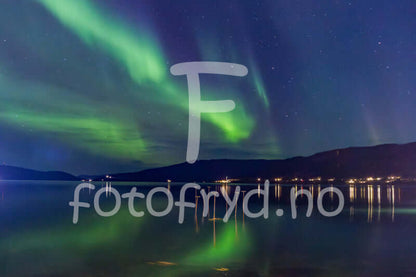 Nordlys som danser over stille fjord under stjerneklar himmel, med refleksjoner i vannet.