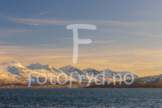 De syv søstre Helgeland veggbilde med gyllent lys og mørk blå sjø.