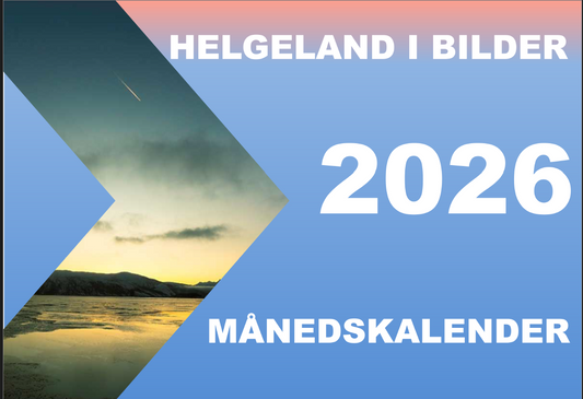 Kalender 2026 Helgeland i bilder med illustrasjon av naturskjønn utsikt.