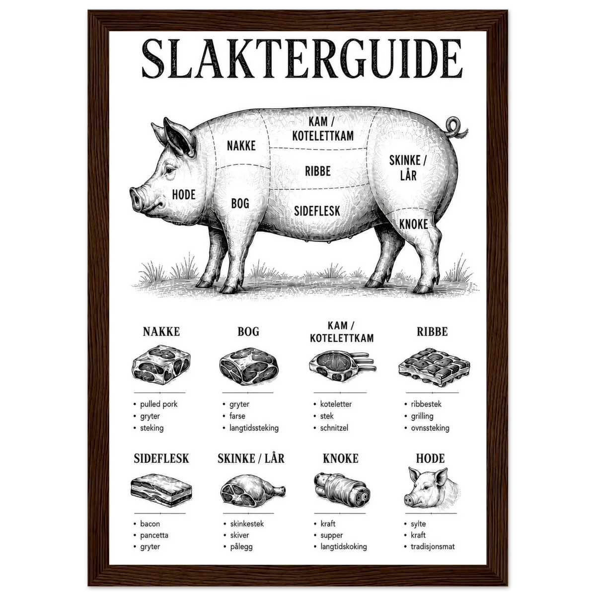 Slakterguide plakat med svin illustrasjon og detaljer om kjøttutskjæringer for kjøkkenet.