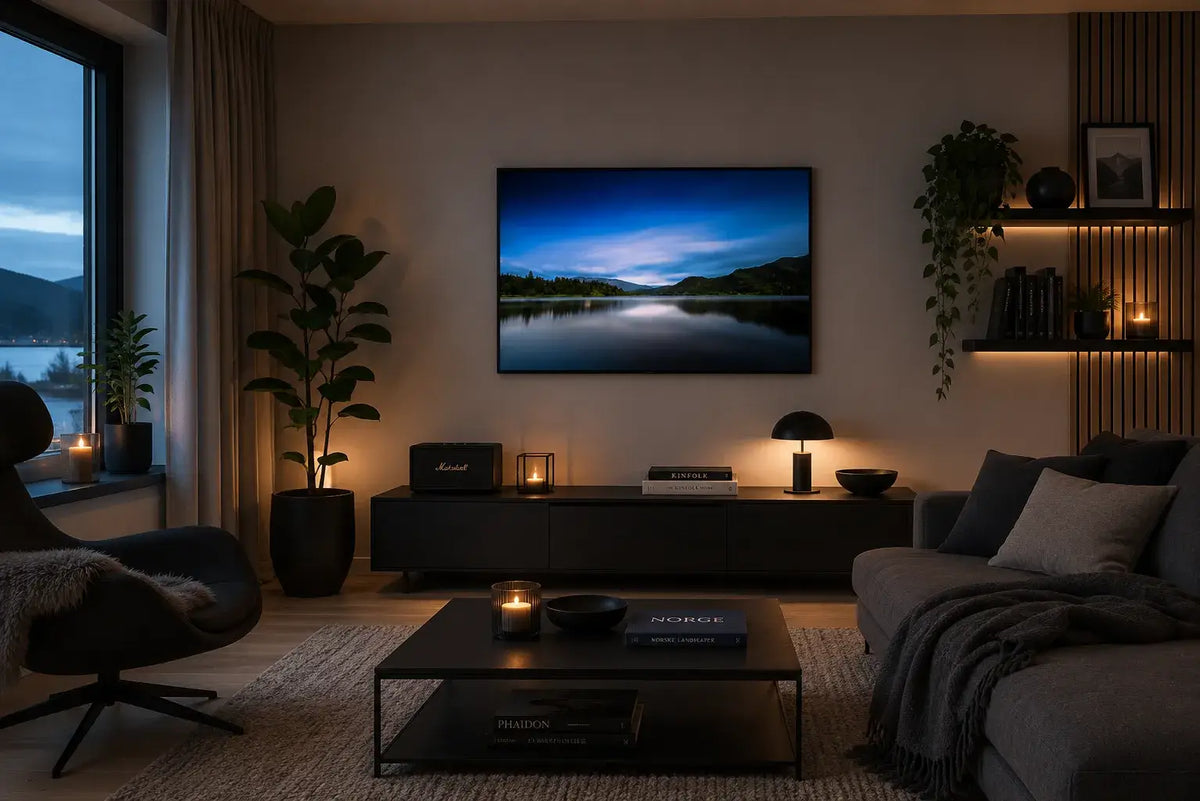 Stillhet over Fustvatnet, et tidløst veggbilde i en moderne stue med myke toner og elegant interiør.