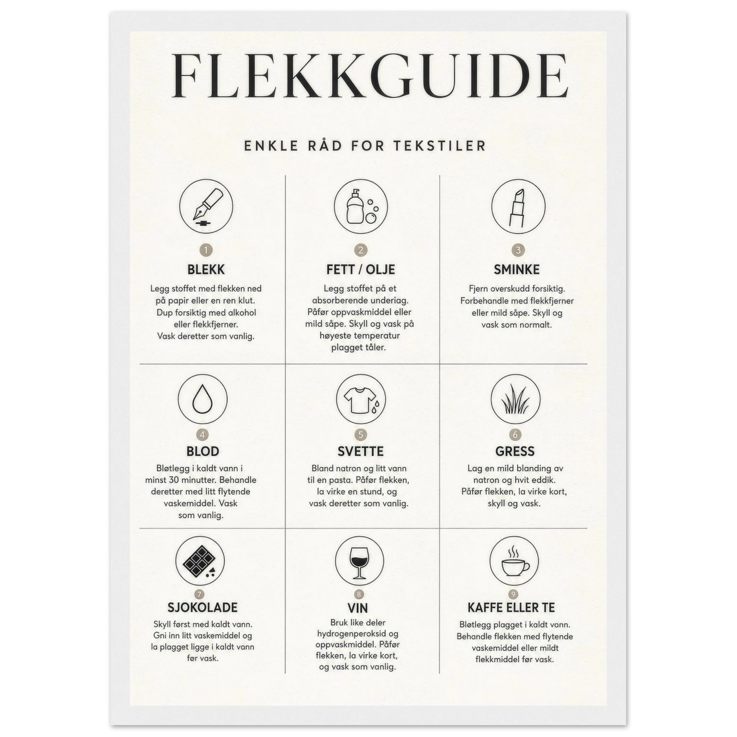 Flekkguide plakat med enkle råd for behandling av flekker på tekstiler til vaskerommet.
