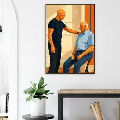 Digitalt motiv av Ståle Solbakken som møter Kong Harald V, preget av respekt og menneskelig nærhet.