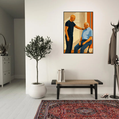 Ståle Solbakken møter Kong Harald V i et varmt øyeblikk, digitalt kunstverk på veggen.