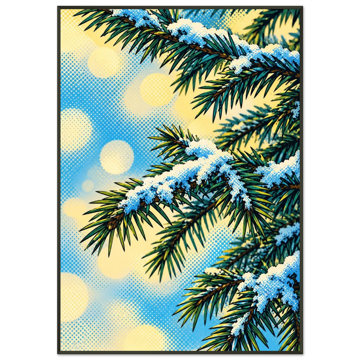 Julegran digitalt kunstmotiv med snødekte grener mot blå bakgrunn, perfekt veggkunst for julestemning.