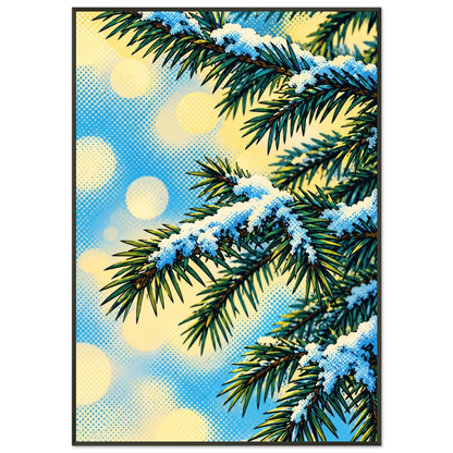 Julegran digitalt kunstmotiv med snødekte grener mot blå bakgrunn, perfekt veggkunst for julestemning.