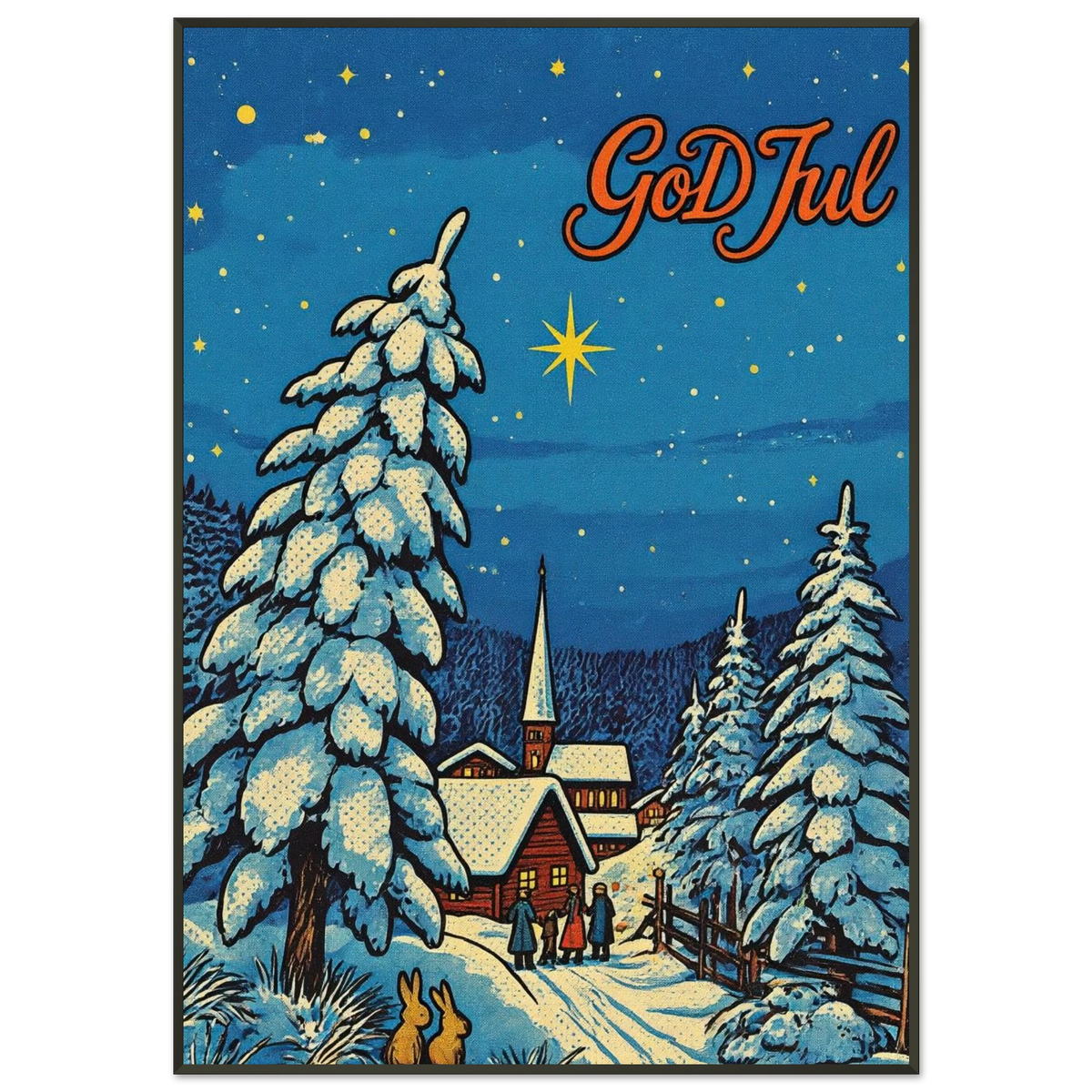 Retro juleplakat med klassisk julestemning, snødekte trær og stjerne, ideell for en lun atmosfære i juletiden.