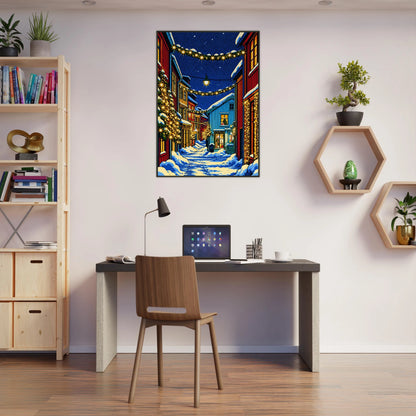 Jul i sjøgato, digitalt motiv med julepyntet gate i Mosjøen, perfekt veggkunst til stue eller kontor