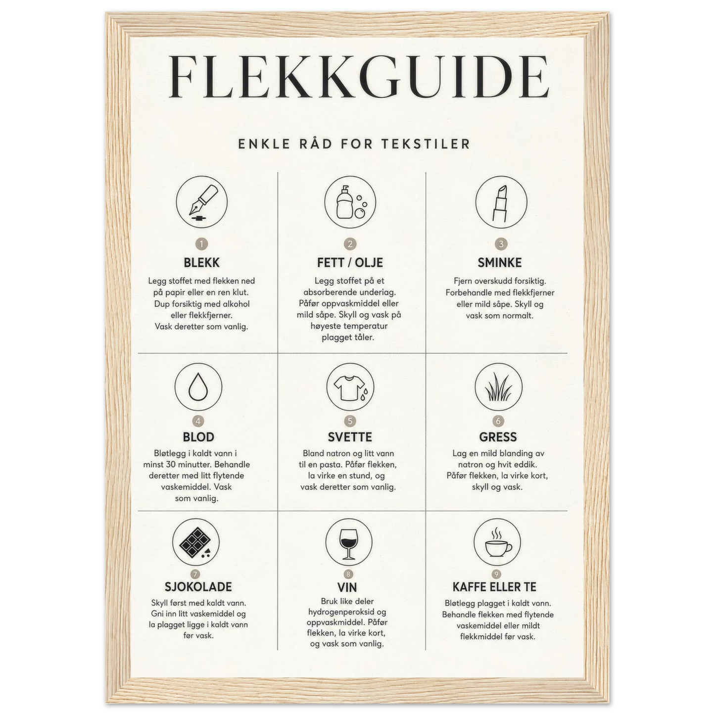 Flekkguide med enkle råd for tekstiler til vaskerommet, gir tips om flekkbehandling.