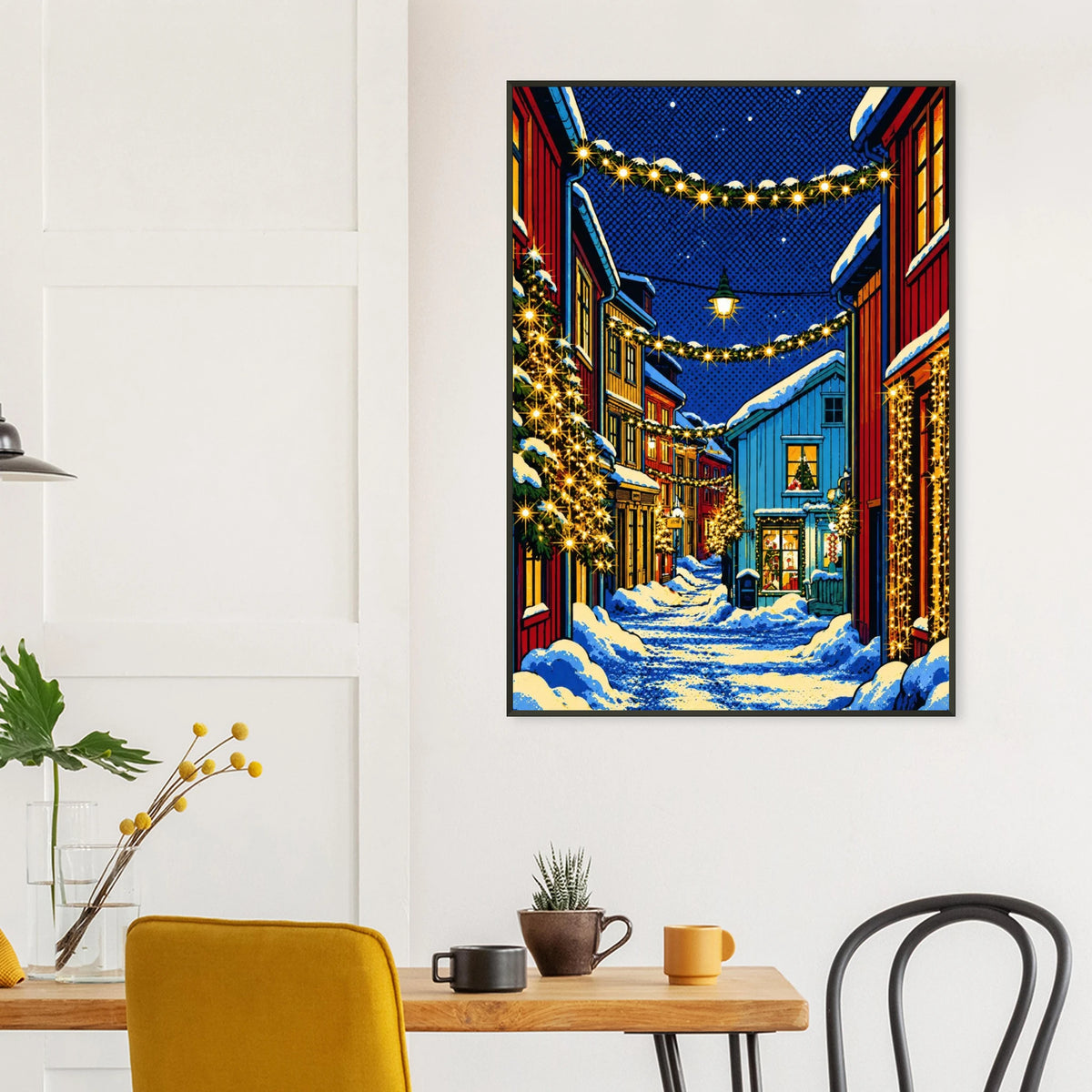 Jul i sjøgato motiv med snødekte gater og julebelysning, perfekt veggkunst for stue, kontor, eller møterom.