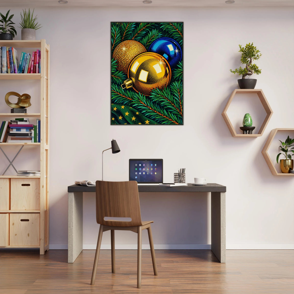 Julestemning digitalt design med julepynt på veggkunst i kontorinnredning