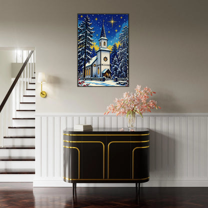 Jul på Nevernes med julemotivet av en kirke og stjerner, perfekt veggkunst til stue eller kontor.