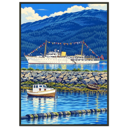 Kongeskipet Norge på besøk i Nesna, illustrert med fargerik popartstil og kystidyll fra Helgeland.