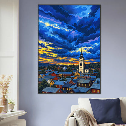 Røros i solnedgang, fargerik popartplakat av Røros kirke og hytter under kveldshimmel.