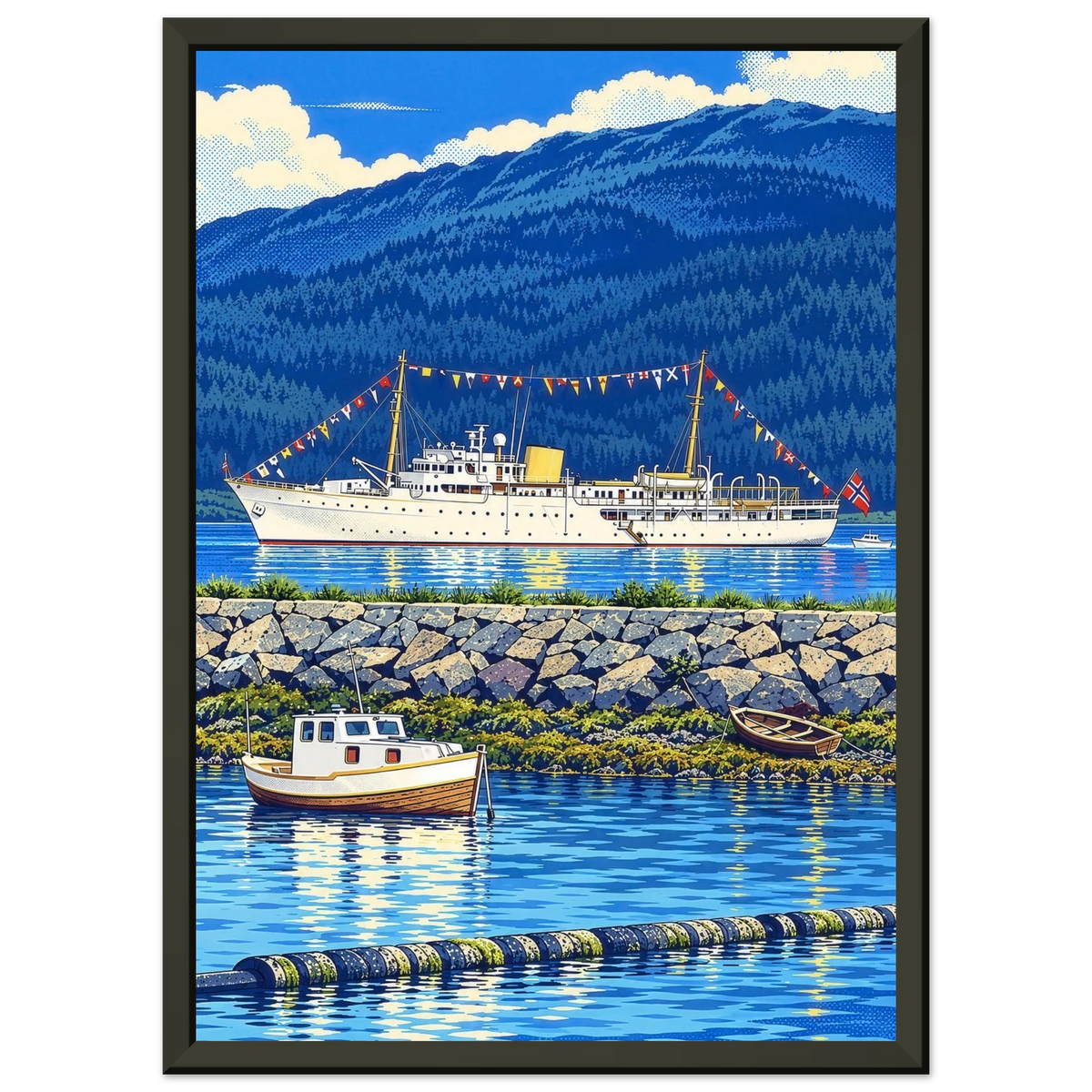 Kongeskipet Norge på besøk i Nesna med omliggende båter og fjellbakgrunn, fargerik popartplakat.