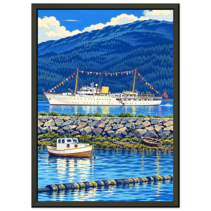 Kongeskipet Norge på besøk i Nesna med omliggende båter og fjellbakgrunn, fargerik popartplakat.
