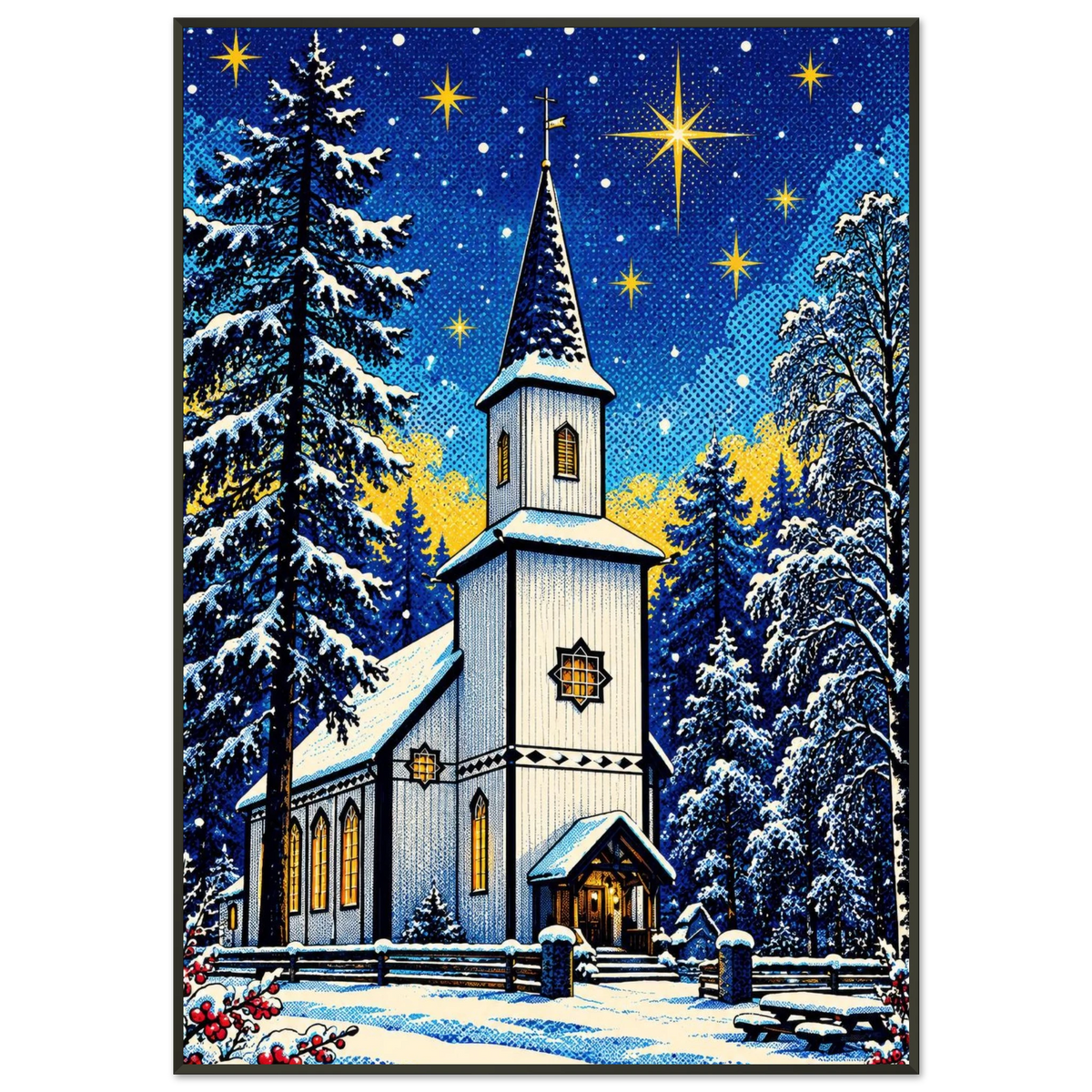 Digitalt motiv av en kirke omgitt av snø og grantrær, som gir julestemning.