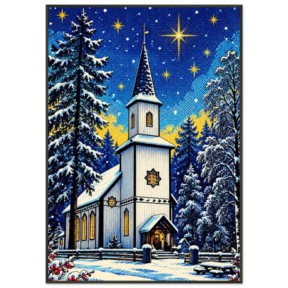 Digitalt motiv av en kirke omgitt av snø og grantrær, som gir julestemning.